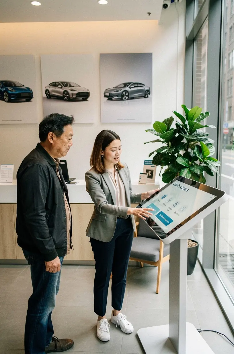 Hybrid and electric vehicle diagnostic tools displayed in organized workspace at Tesla specialist center